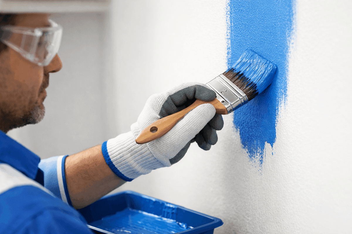 Close-up of painter’s gloved hands applying blue paint on indo wall